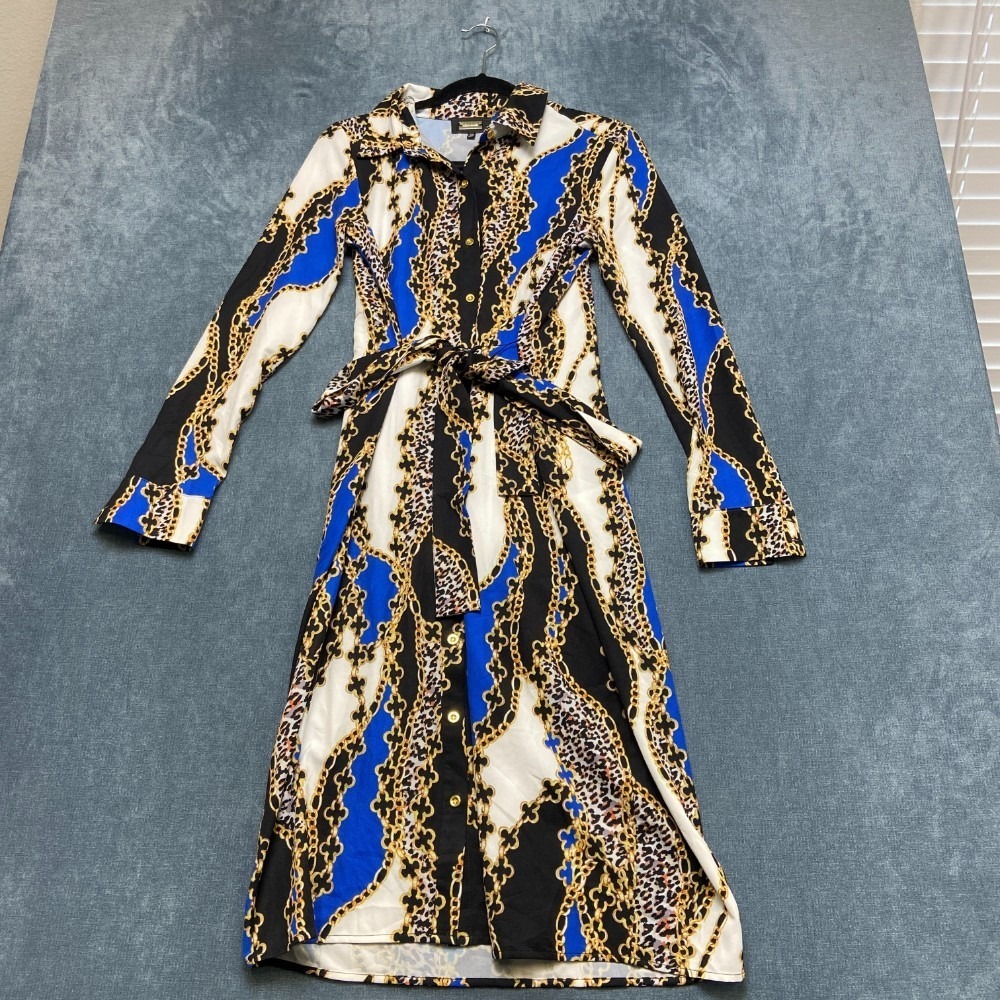 Alexia Admor Sofia Midi Shirt Dress Womens XS Multicolor Baroque Chain Waist Tie